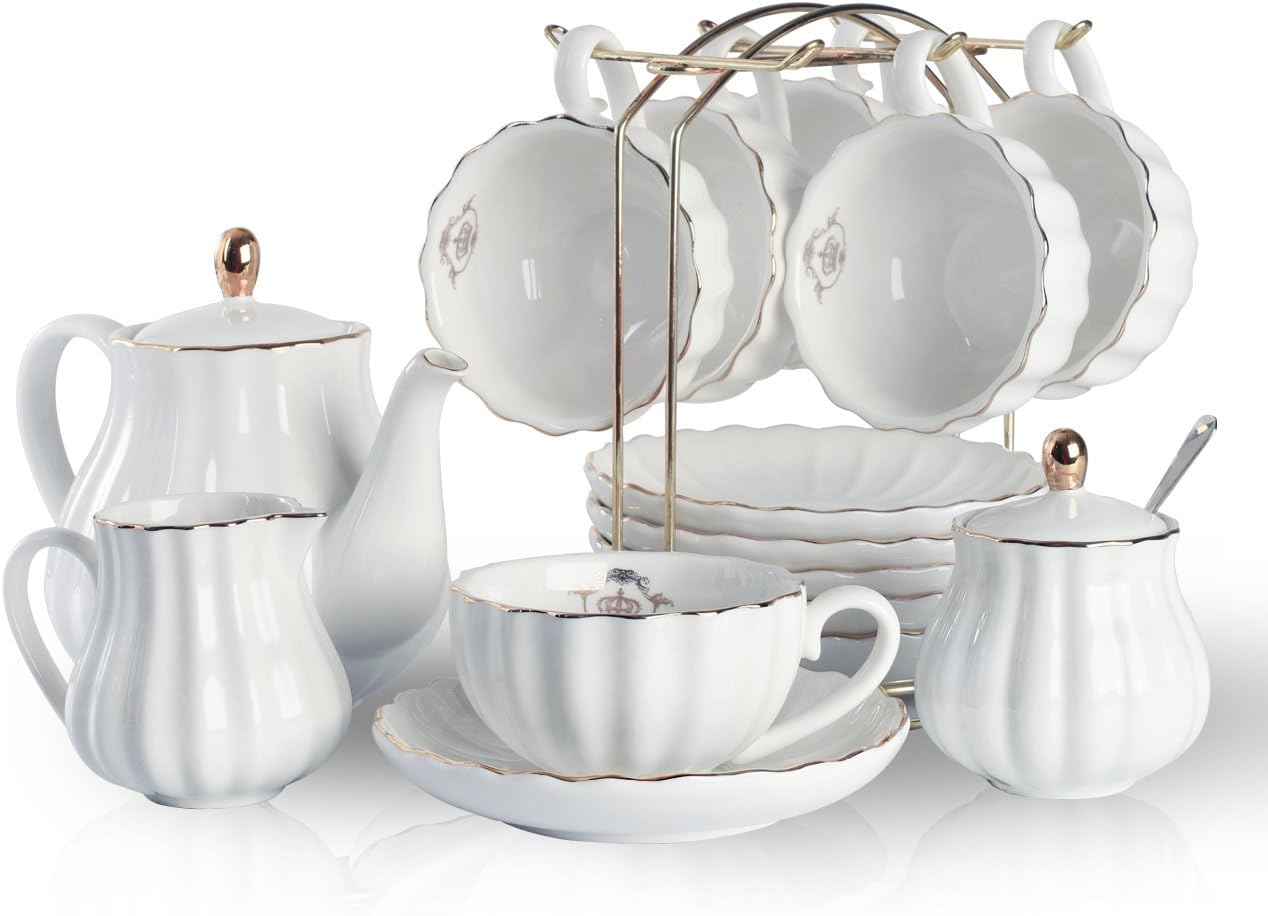 순백색 도자기 티 세트, 영국 왕실 스타일, 6인용으로 - Coffee Tea And Sugar Set 리뷰 및 가격