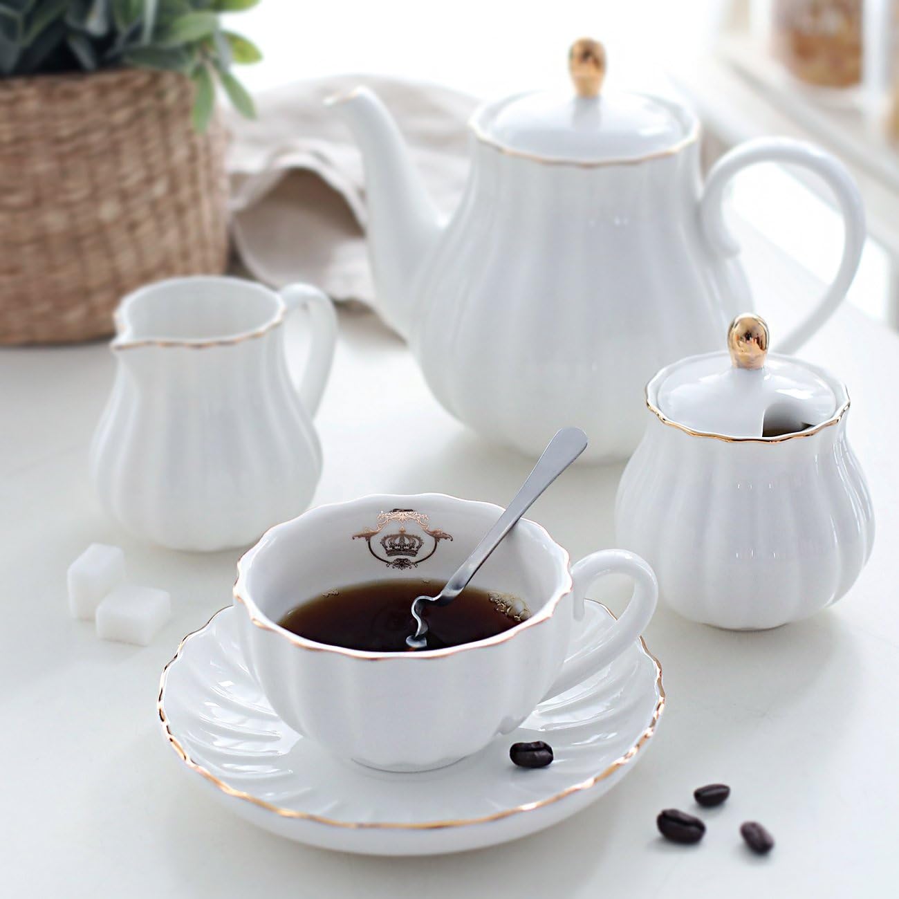 순백색 도자기 티 세트, 영국 왕실 스타일, 6인용으로 - Coffee Tea And Sugar Set 리뷰 및 가격