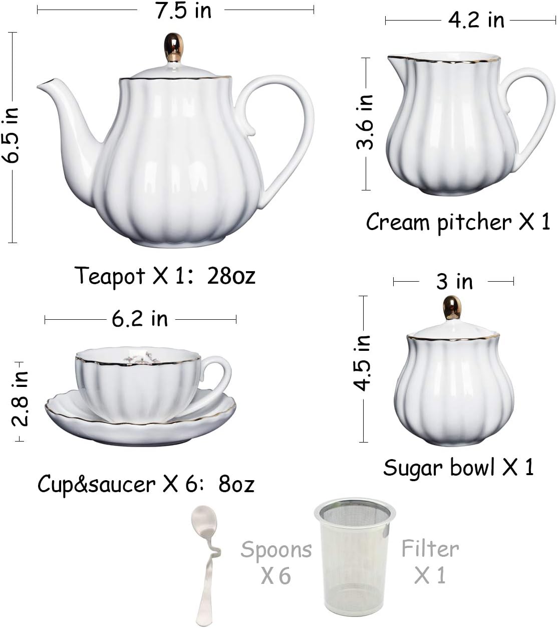 순백색 도자기 티 세트, 영국 왕실 스타일, 6인용으로 - Coffee Tea And Sugar Set 리뷰 및 가격